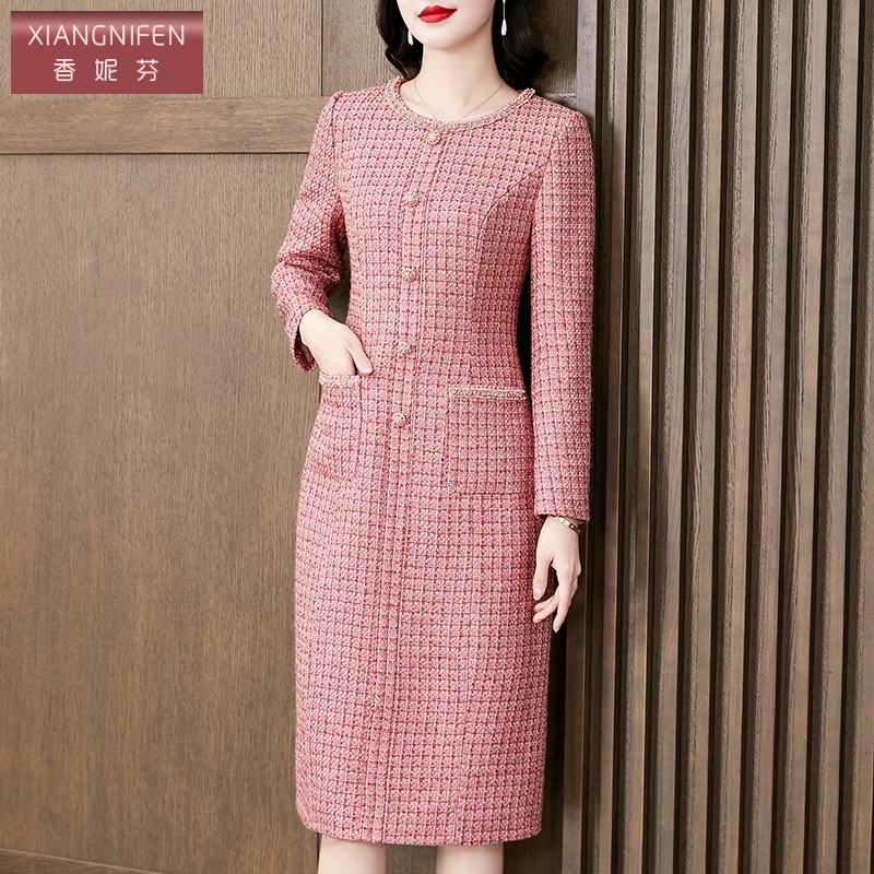 【香妮芬】83072高端新款羊毛时尚洋气妈妈小香风显瘦连衣裙