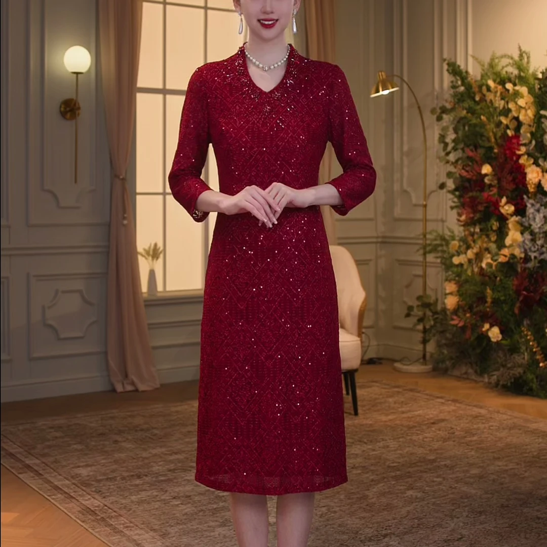 【香妮芬反季福利】83208新红蕾丝连衣裙喜妈妈喜婆婆秋冬连衣裙