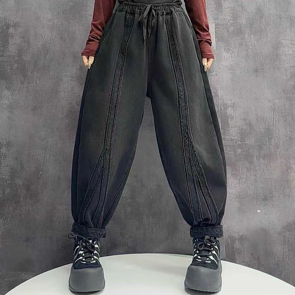 AIXINRUI  58262宽松高腰显瘦加绒百搭水洗牛仔裤