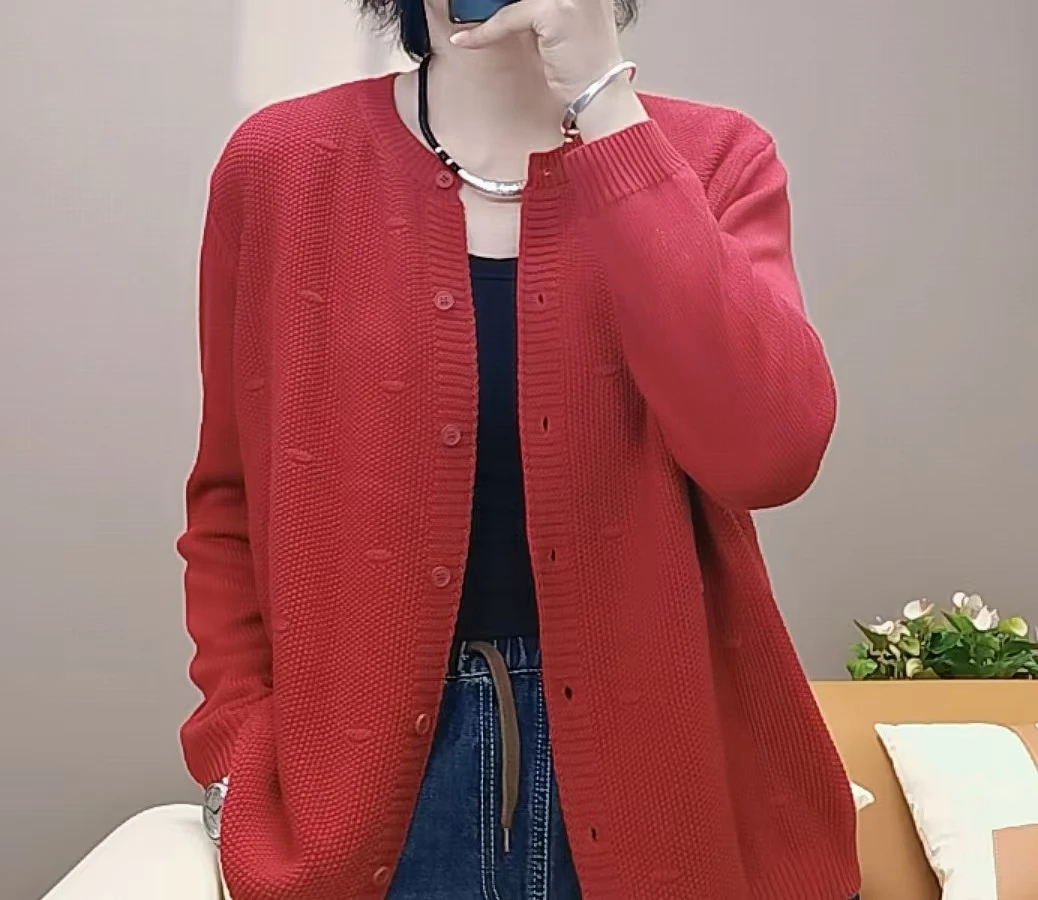 AIXINRUI   2407胖mm 大码复古文艺纯色圆领时尚气质豆豆开衫