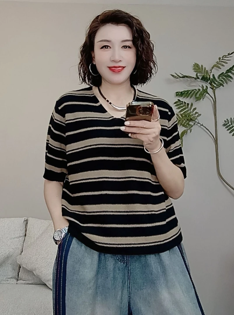 AIXINRUI 2483大版棉线撞色条纹宽松休闲立体针织衫