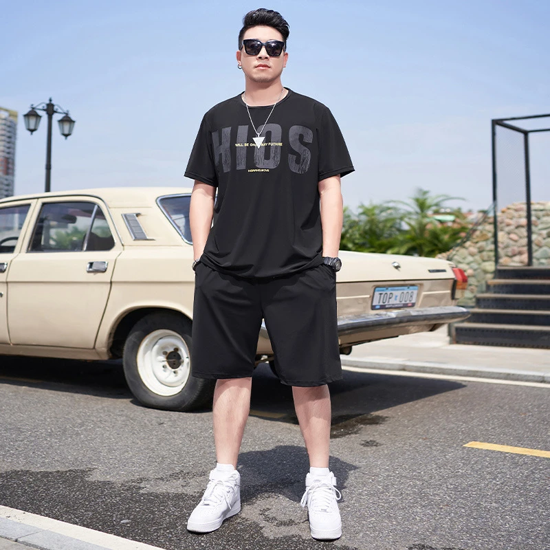 胖子大码男装潮男2024夏加肥加大码冰丝短袖短裤套装肥佬宽松版型