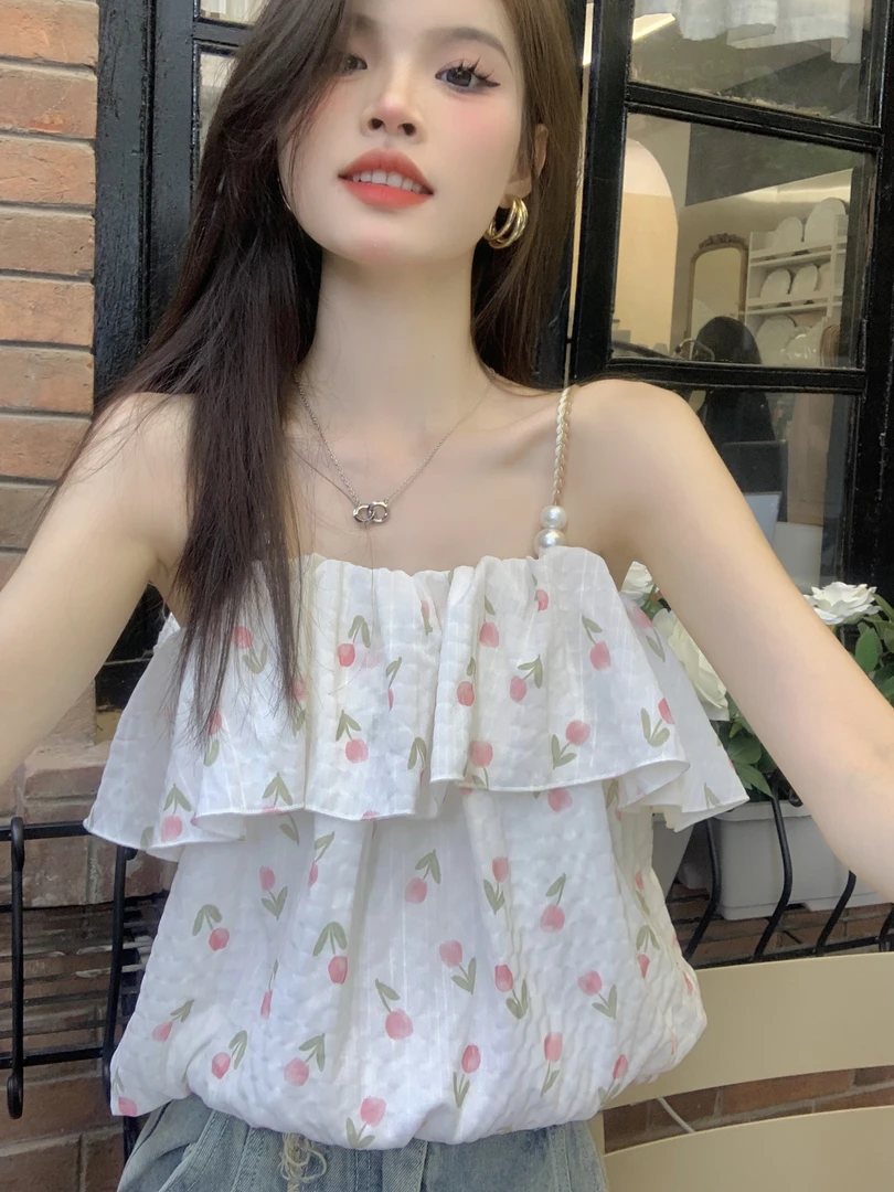 夏季郁金香碎花甜美一字肩雪纺衫女生夏天温柔外穿无袖小吊带上衣