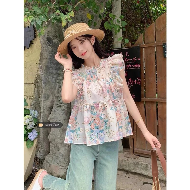 法式甜美荷叶边碎花衬衫女夏季2025年新款设计感洋气短袖衬衣上衣