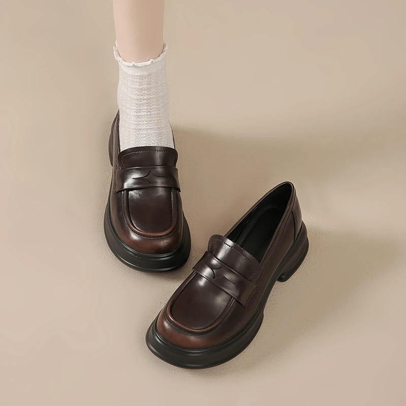 真皮小皮鞋女百搭圆头乐福鞋女新款小个子女鞋软皮单鞋厚底英伦风