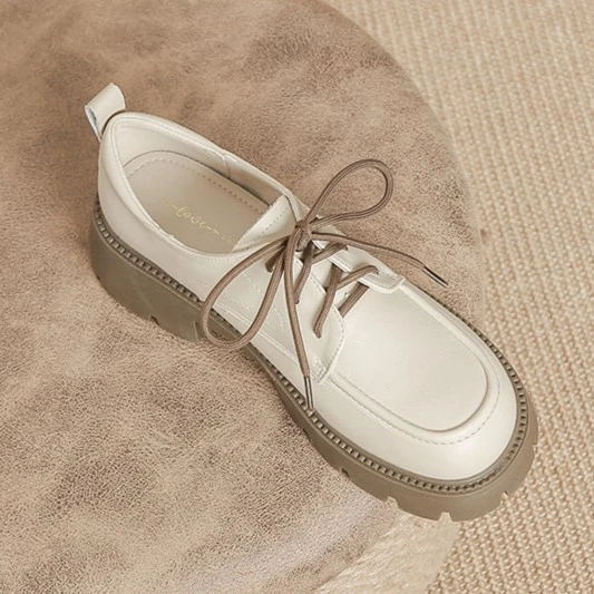 跟高5厘米 真皮牛皮小皮鞋女粗跟2024绑带英伦风厚底乐福鞋女单鞋