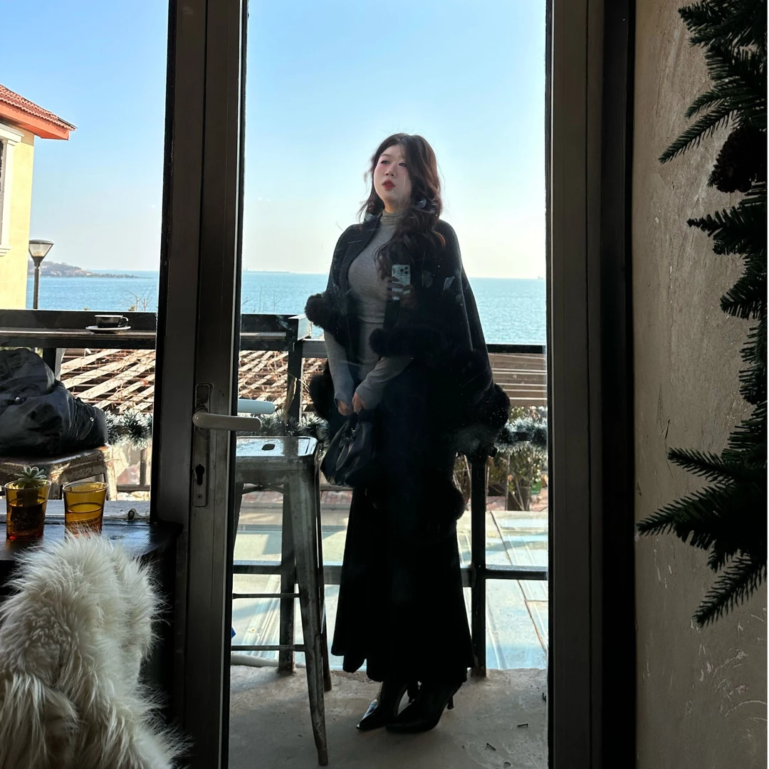 叮叮家【成熟姐姐】秋冬针织毛毛披肩+半高领打底+鱼尾半身裙套装