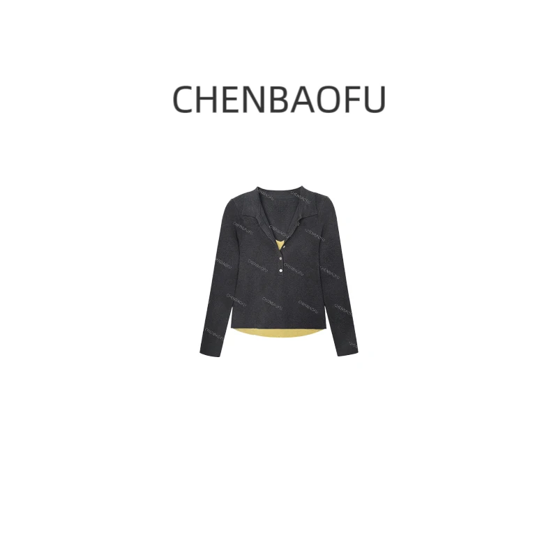 设计感polo领假两件针织衫女秋季撞色修身长袖打底上衣