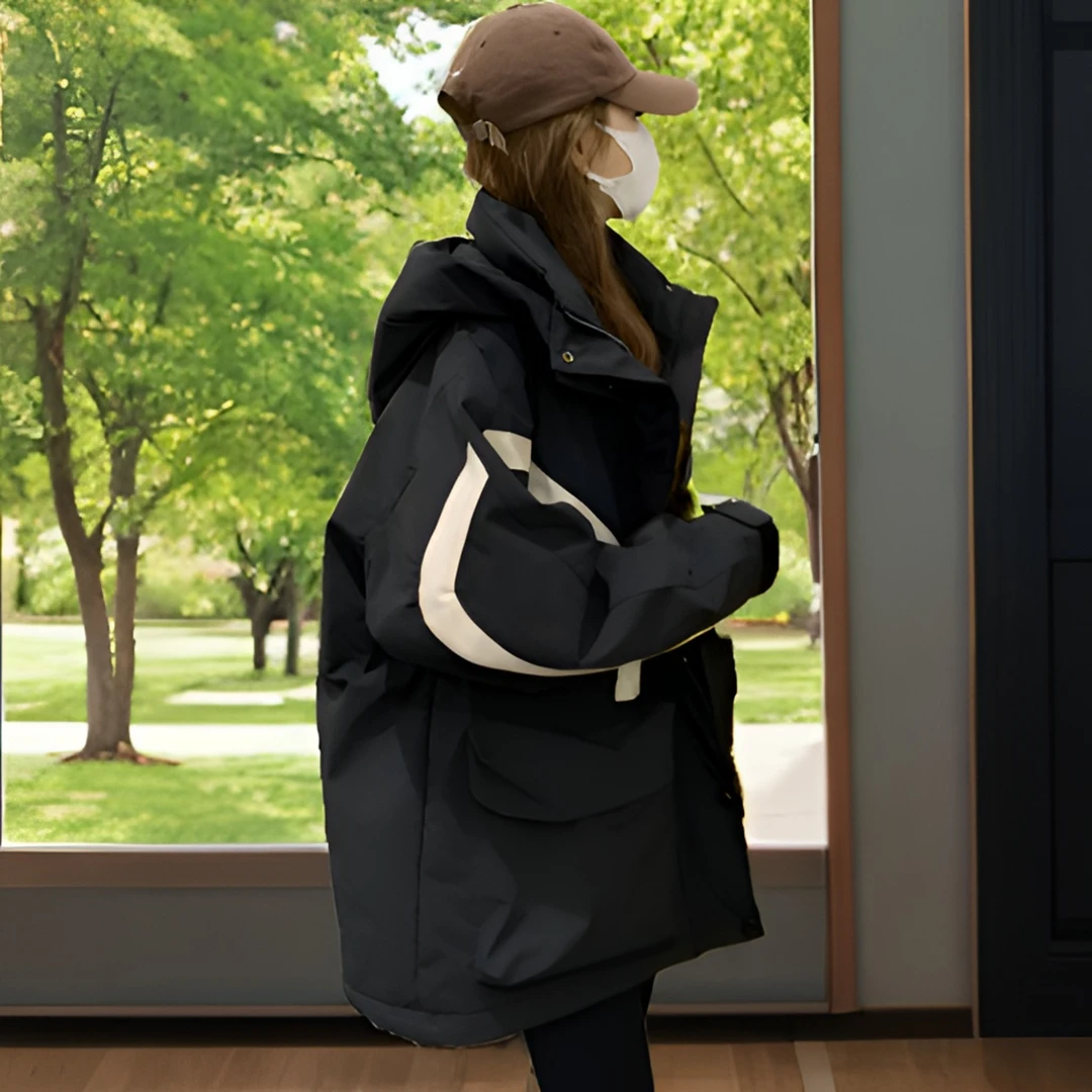 黑色冲锋衣女款冬季爆款韩版工装风拼接派克服90白鸭绒羽绒服外套