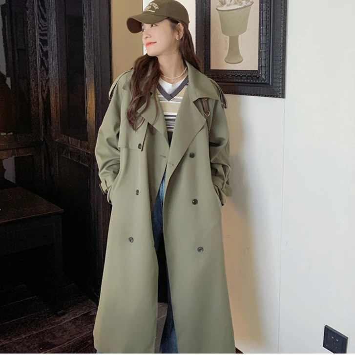军绿色高端垂感长款风衣外套女2025新款高个子学生英伦风过膝大衣