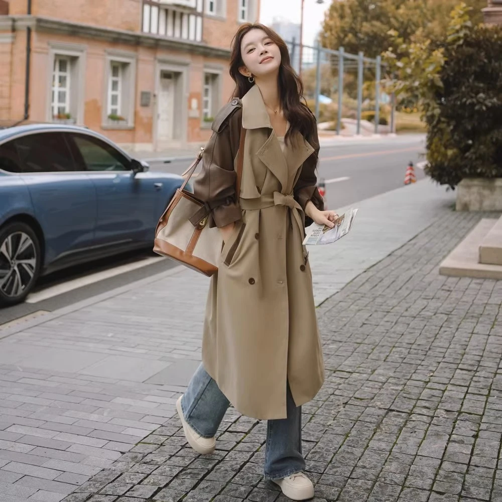 pu皮拼接风衣外套女2023新款秋季中长款英伦风高级感爆款大衣过膝