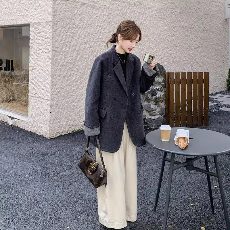 灰色高级感西装毛呢外套女款2024新款气质时尚羽绒呢子大衣秋冬