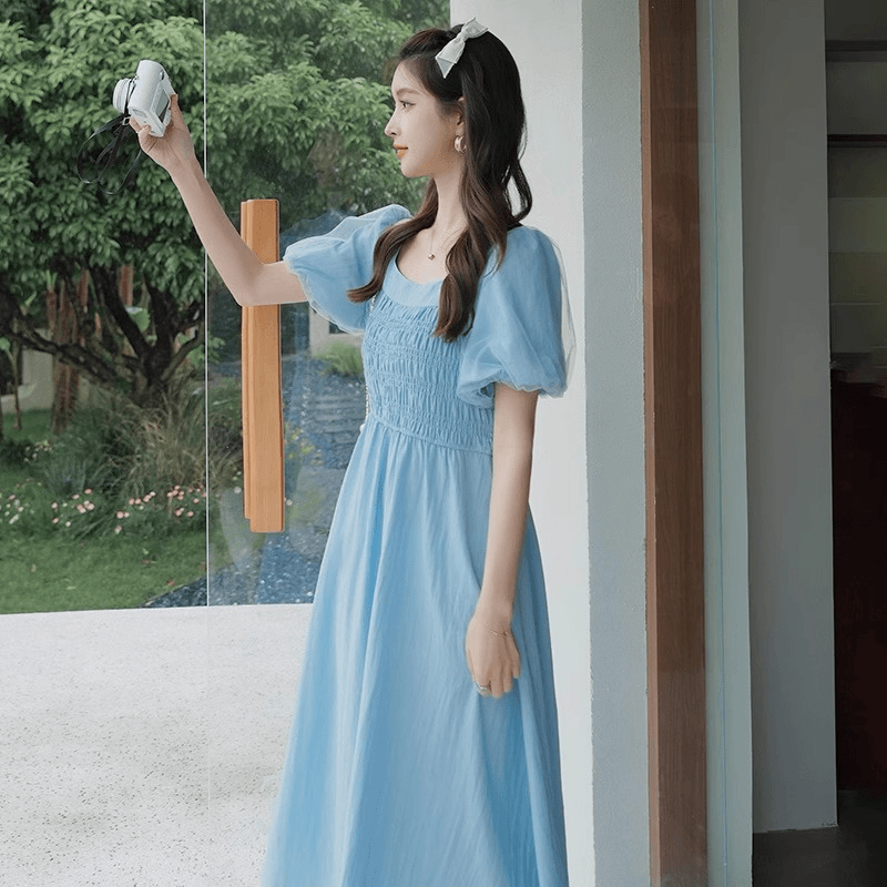 浅蓝色小清新连衣裙少女夏季2024新款甜美高腰中长裙显瘦雪纺裙子