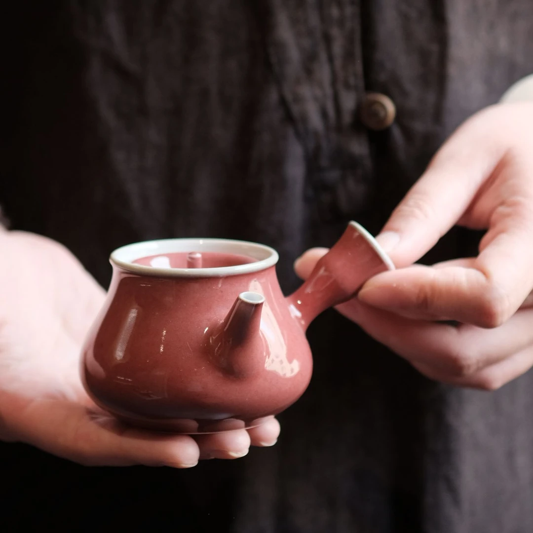 【福器】豇豆红布袋侧把壶