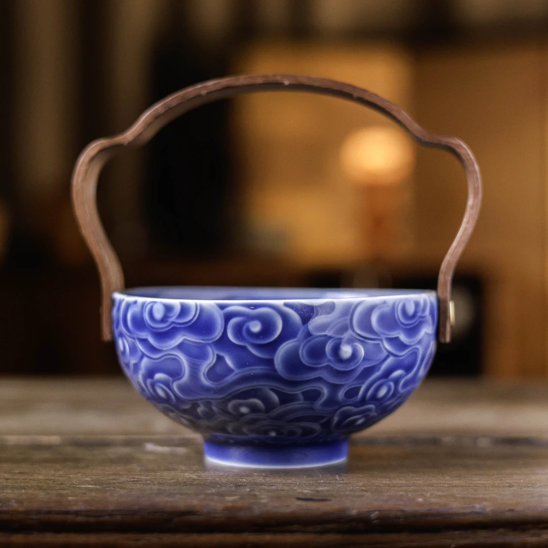 【福器】 4.5寸祥云碗 提梁果盘果篮 霁青（Q7146）