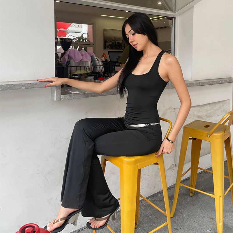 福利款高弹黑色显瘦无袖背交叉喇叭连体裤