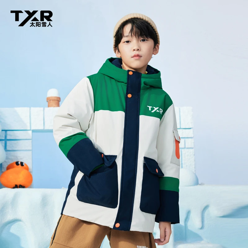 太阳雪人儿童工装羽绒服运动连帽加厚防风拼接撞色-T4042033YZ-TZ
