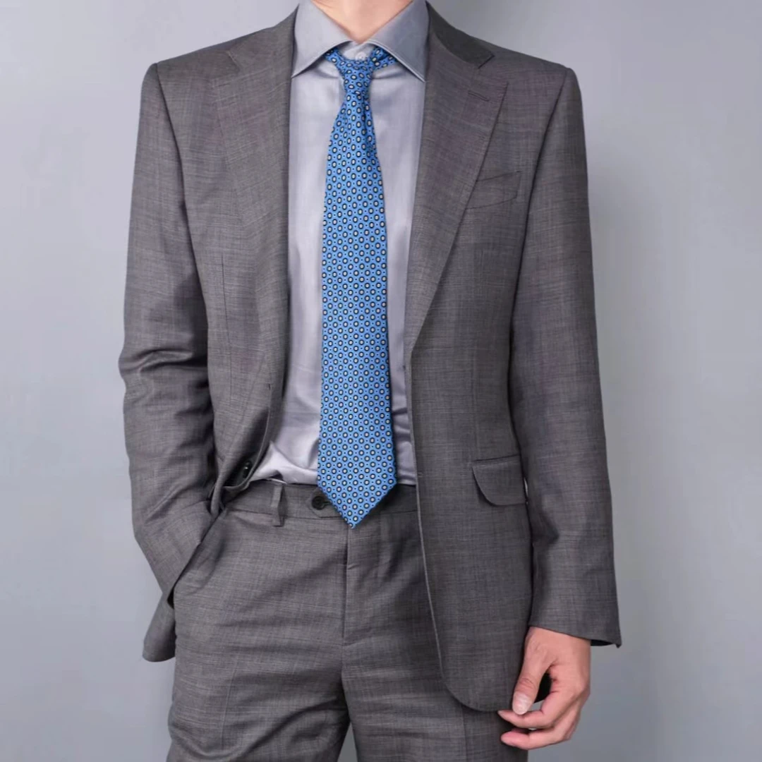 100%羊毛高定优雅灰色西服套装男士西装商务职场结婚修身男式西服