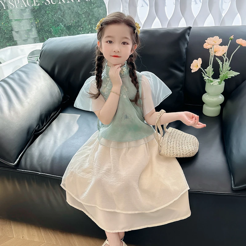 新中式女童连衣裙夏季儿童国风套装2024新款汉服宝宝夏装旗袍裙子