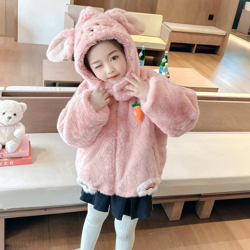 小女孩可爱兔子棉衣加绒加厚外套秋冬季新款女宝宝毛毛衣保暖上衣