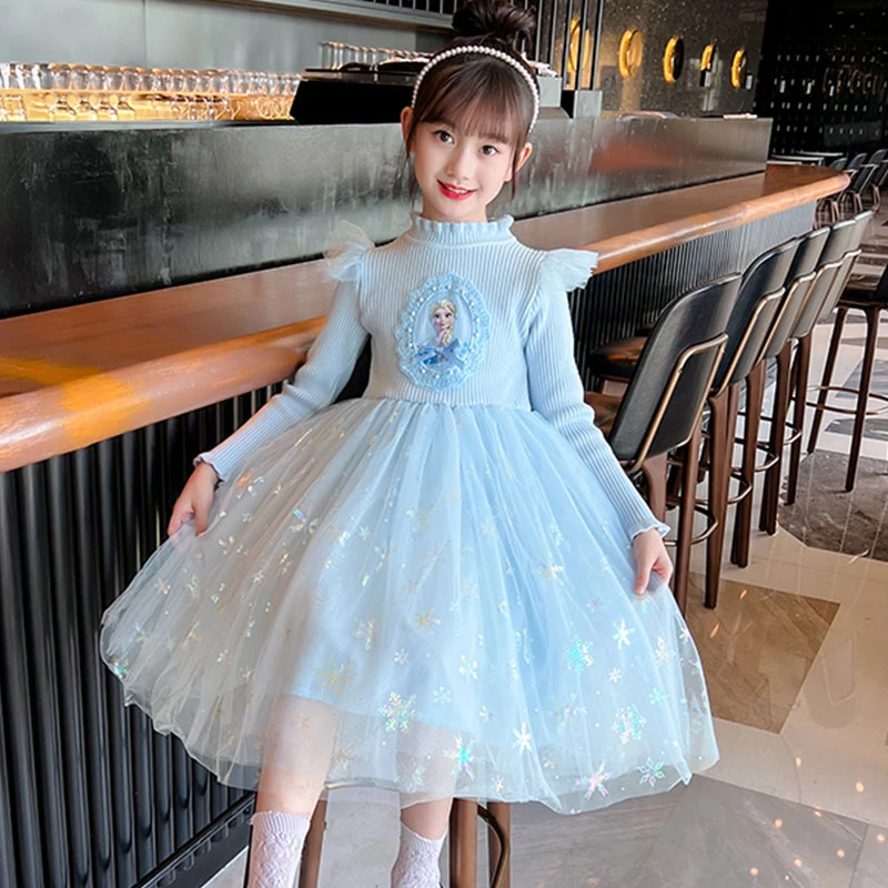 女童爱莎毛衣裙公主纱裙洋气时髦儿童冬季连衣裙女孩秋冬针织裙子
