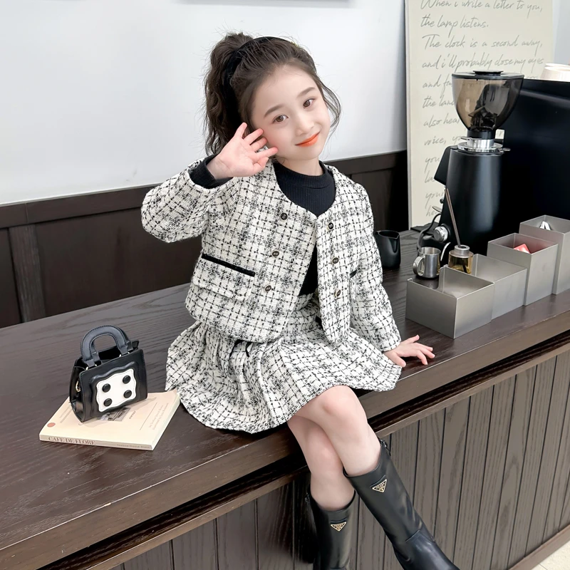 女童冬季夹棉小香风套装2024新款儿童加厚百褶裙子宝宝秋冬款衣服