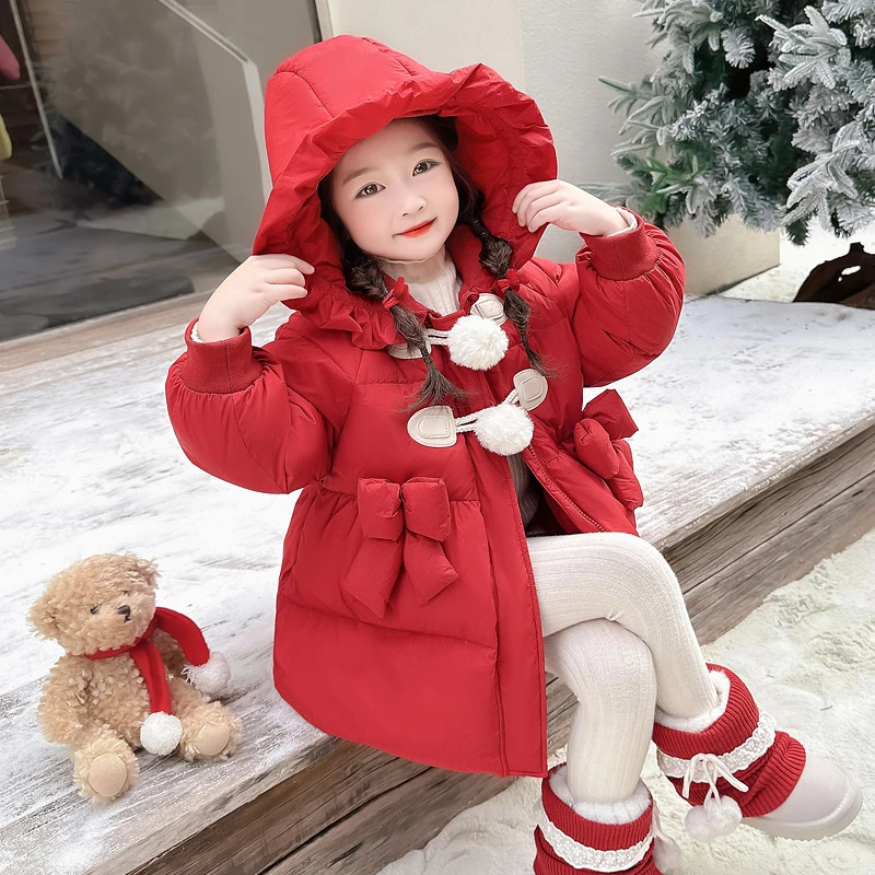 女童棉服冬季中长2024新款儿童加厚保暖外套洋气宝宝冬季红色棉衣