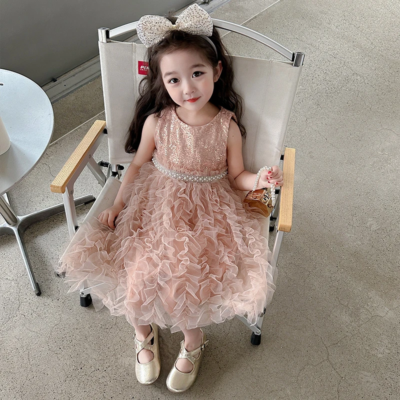女宝生日礼服夏装2024新款连衣裙小女孩亮片公主裙女童夏季背心裙