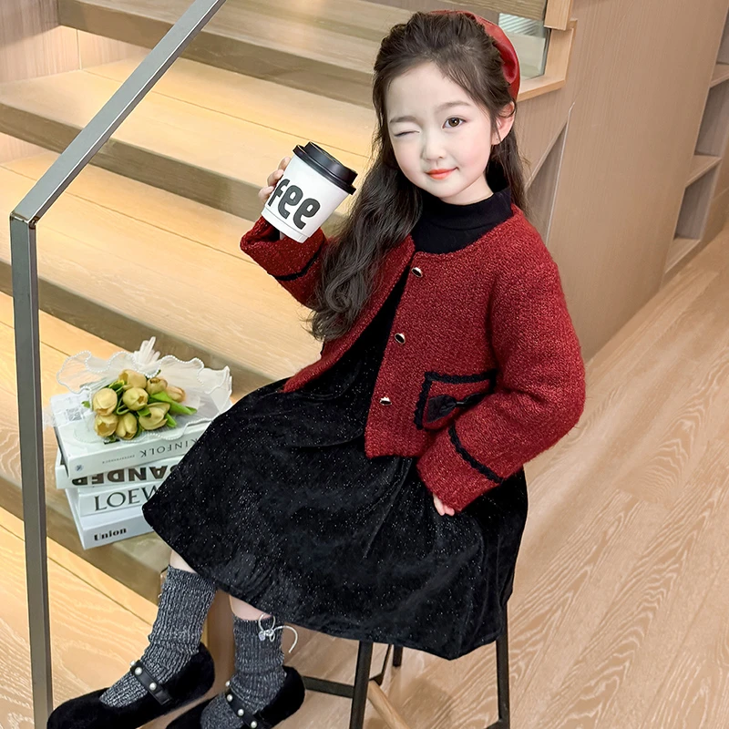 女童连衣裙秋冬款新年衣服洋气儿童加厚小香风套装红色过年裙子冬