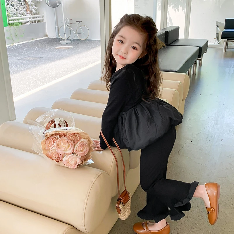2025春秋新款女童时尚韩版套装女宝宝圆领长袖上衣微喇叭裤两件套