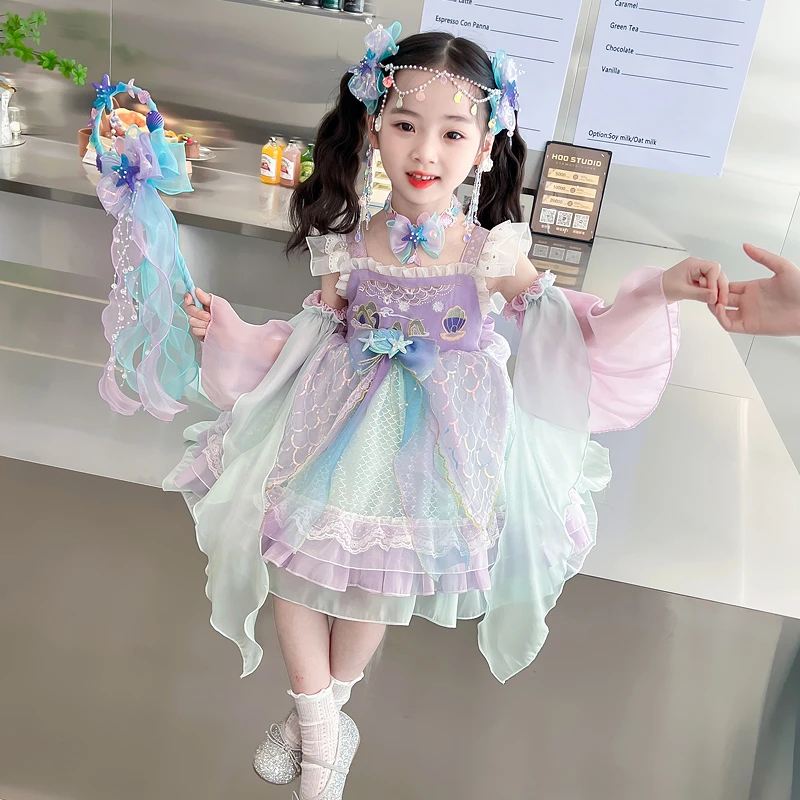 女童洛丽塔美人鱼公主裙夏女孩人鱼姬裙子宝宝生日洋气礼服裙六一