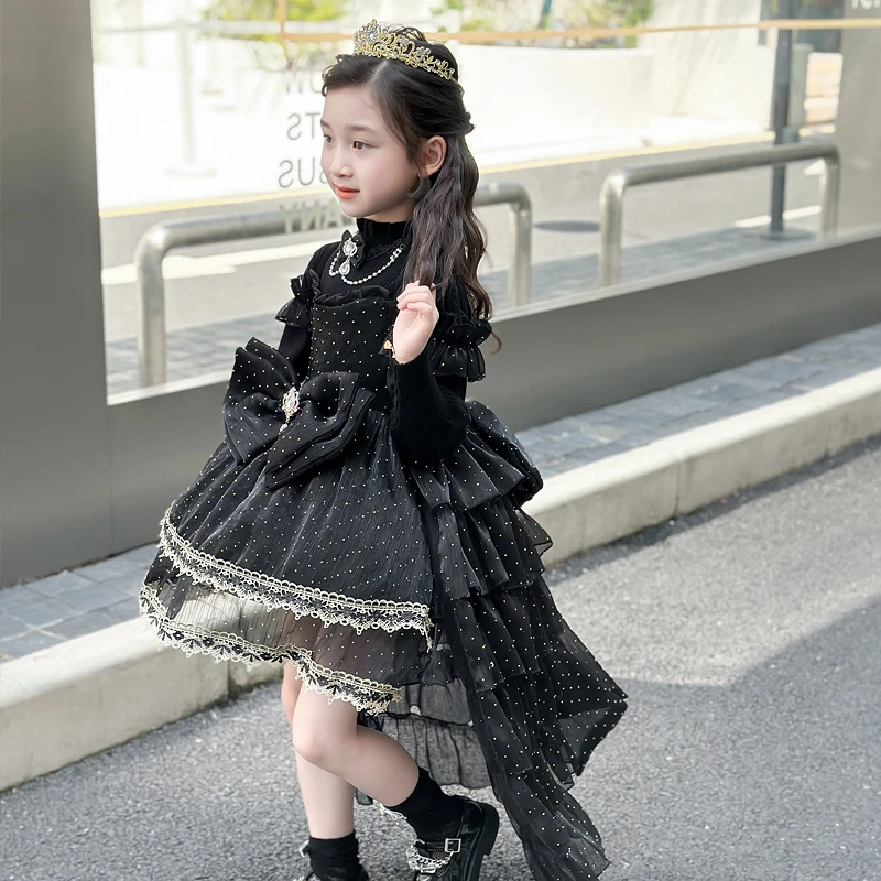 女小童赫本风小黑裙新款法式洛丽塔礼服裙小女孩洋气大拖尾公主裙