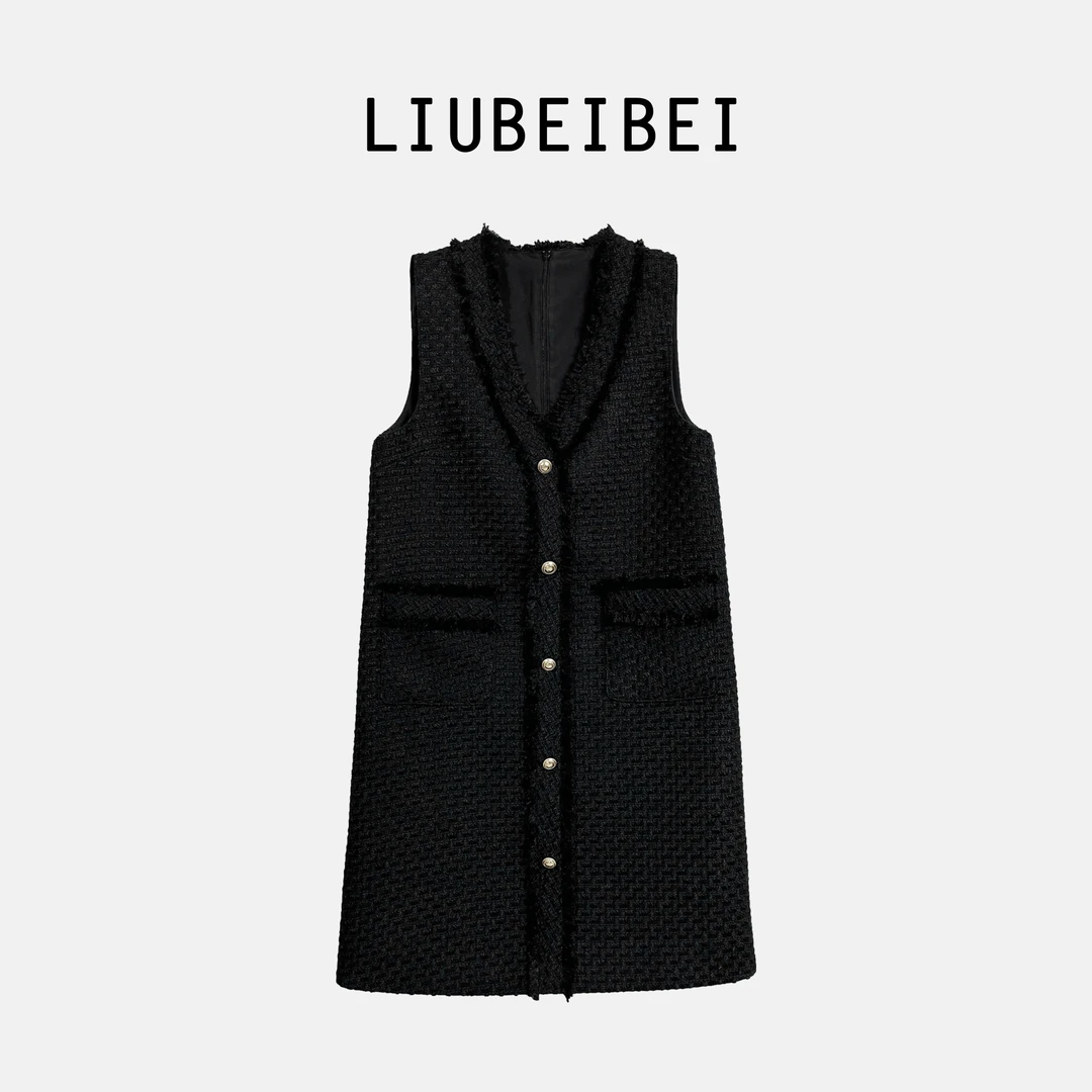 LIUBEIBEI[麦穗麻花]高级小香风大V领排扣遮肉显瘦连衣裙-8512