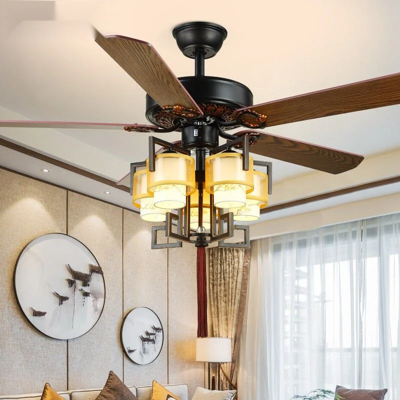 精选新中式风扇灯中式客厅吊扇灯家用餐厅电扇灯木叶茶楼复古风扇