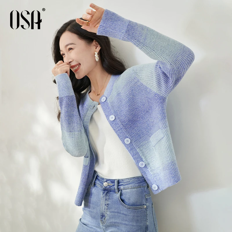 【OSA/欧莎】蓝色渐变短款针织开衫毛衣外套显瘦秋冬上衣S123C16027