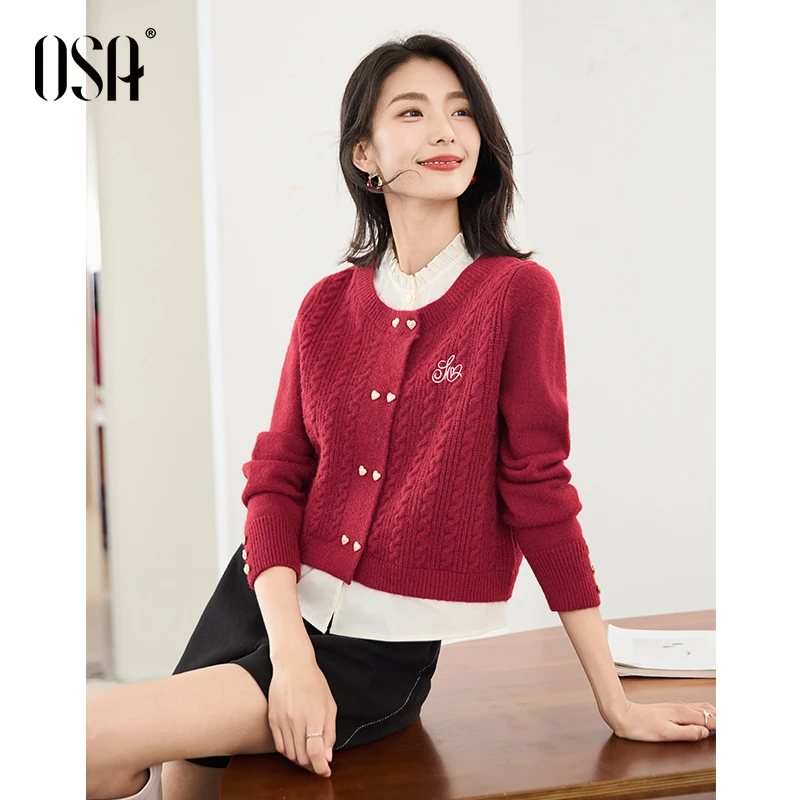 【OSA/欧莎】龙年限定战衣红色假两件针织衫加厚外毛衣S123D16074