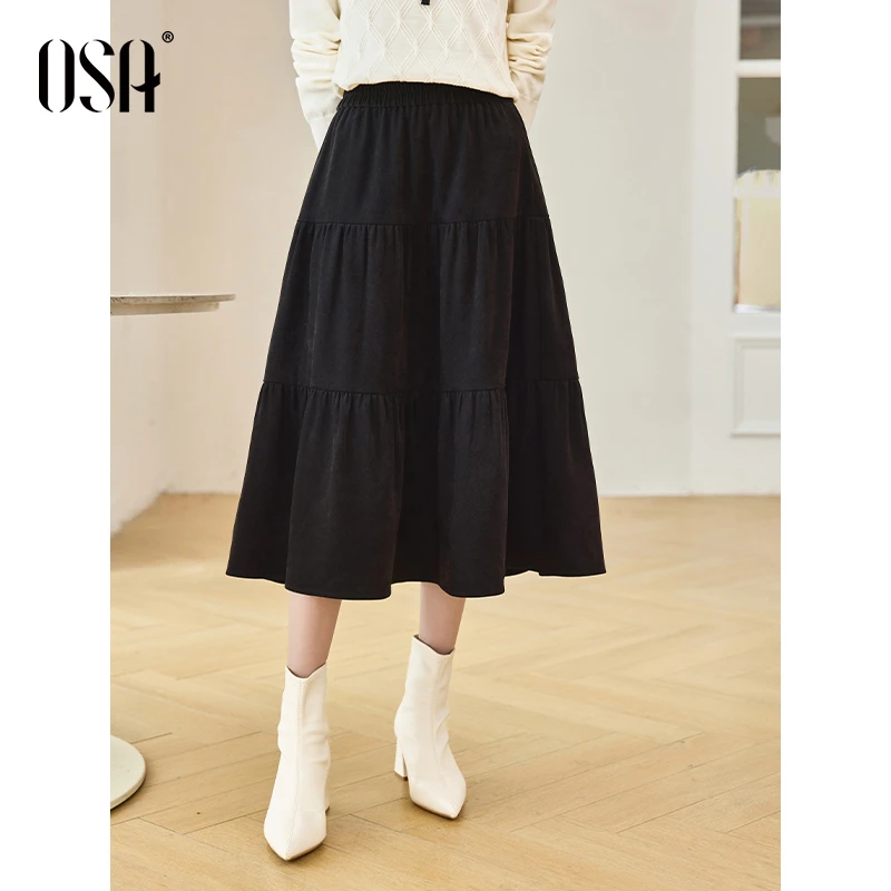 【OAS/欧莎】黑色中长款a字大裙摆女显瘦遮胯显瘦半身裙S124D51003