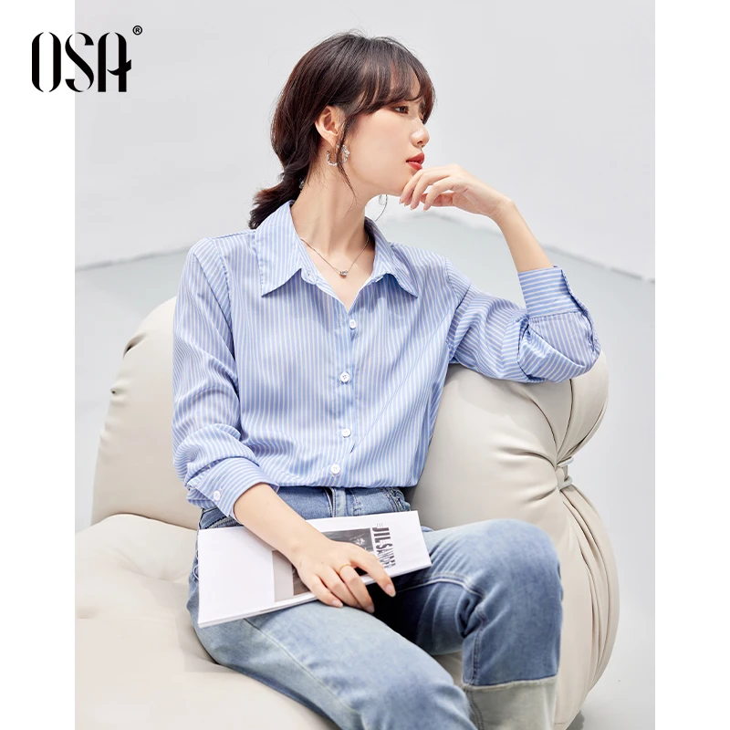 【OSA/欧莎】蓝色条纹长袖衬衫通勤气质小众时尚显瘦衬衣S123C12018