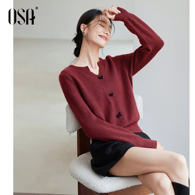 【OSA/欧莎】领蝴蝶结毛针织衫女安可拉红法式内搭毛衣S124D16066