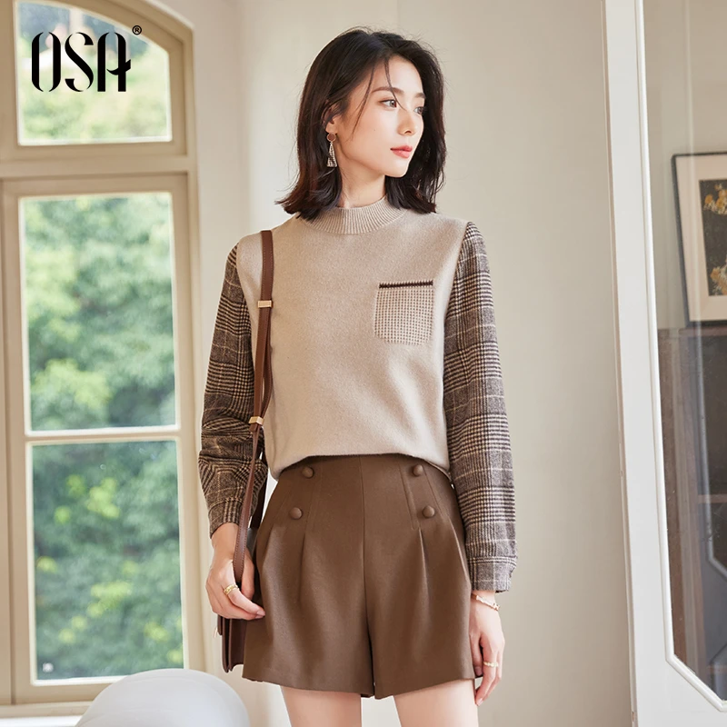 【OSA/欧莎】假两件复古毛衣拼接格纹半高领针织衫内搭女S122D16040