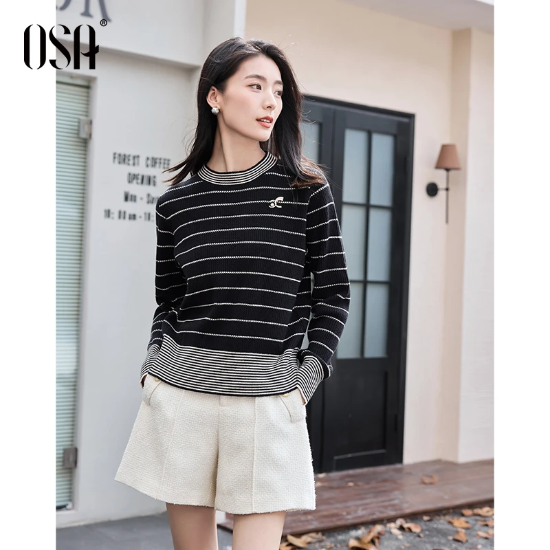 【OSA/欧莎】条纹圆领毛衣冬季女设计感显瘦打底针织衫S124D16055
