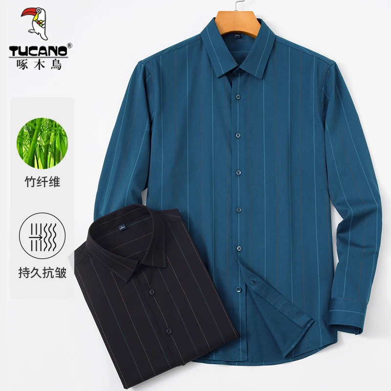 TUCANO/啄木鳥中老年男士长袖条纹衬衫抗皱免烫男上衣休闲爸爸装