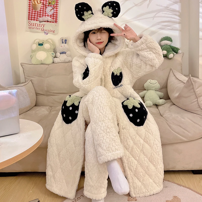 【528冬季新款袍套睡衣】女士三层加厚加绒夹棉睡衣套装可外穿