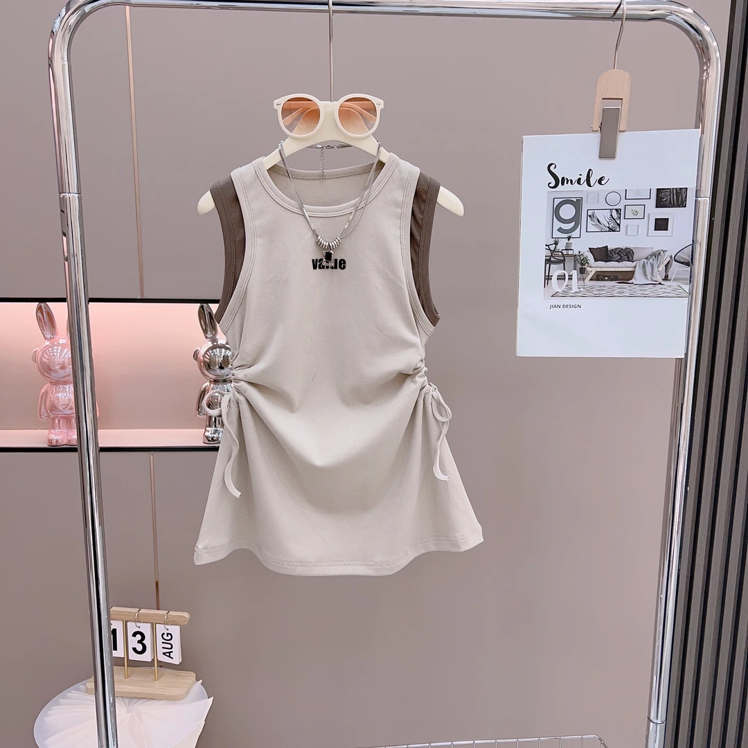 【美琪】2024夏季百搭休闲时尚洋气儿童女童背心裙无袖抽绳连衣裙