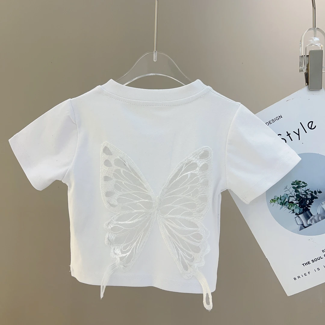 【米小洛】2024新款女童运动洋气休闲夏季凉快蕾丝蝴蝶字母短袖T恤