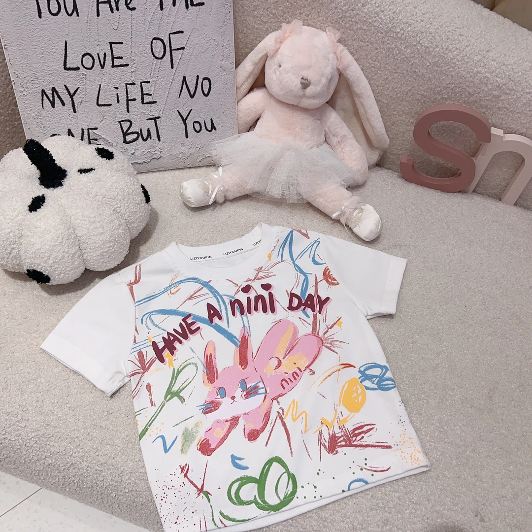 【现货在仓】2024儿童女童白色时尚休闲夏季印花满印韩版兔子T恤