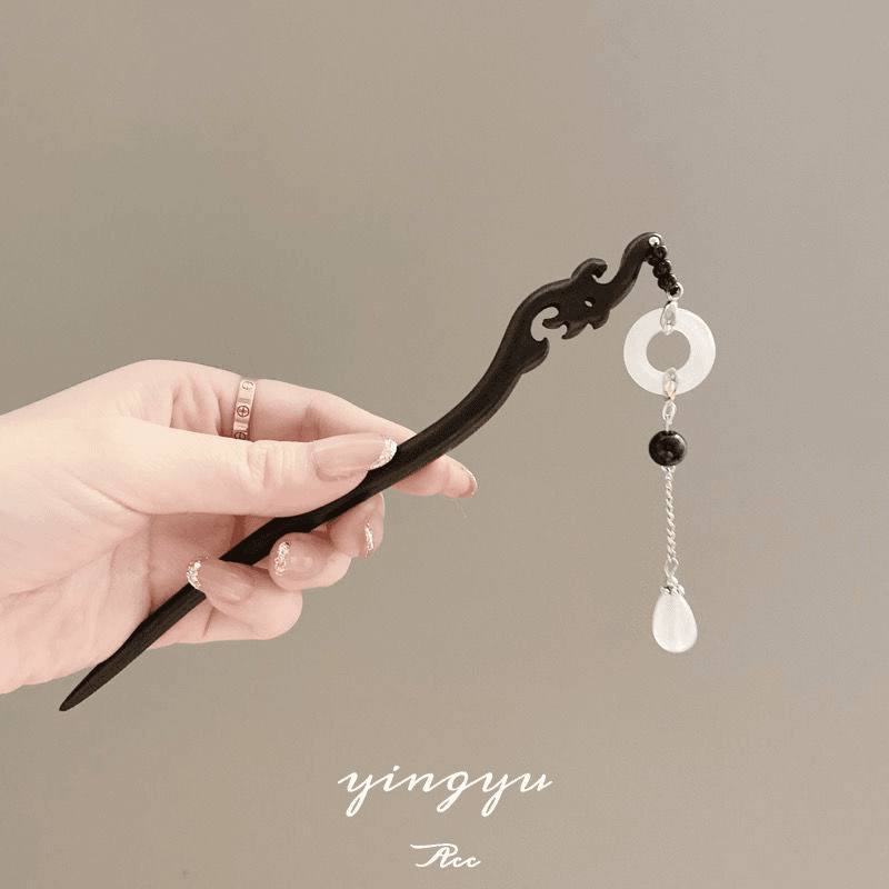 高级感清冷感国风黑色紫光檀盘发簪新中式步摇长流苏祥云簪子发钗