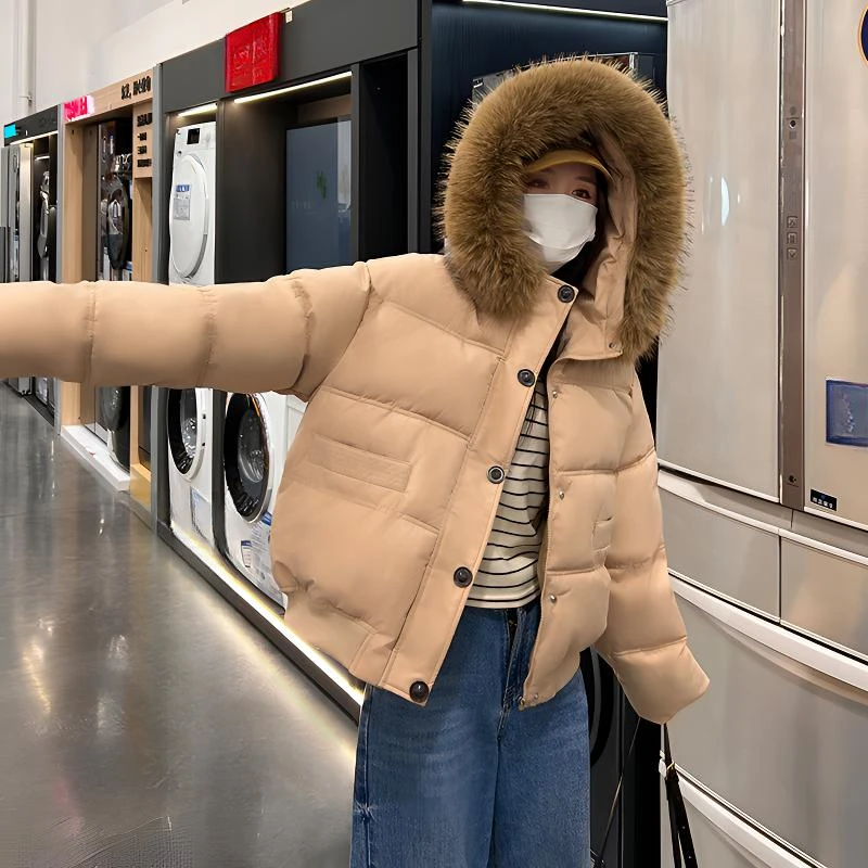 2024新款连帽大毛领休闲时尚百搭韩版宽松短款冬季保暖棉服外套