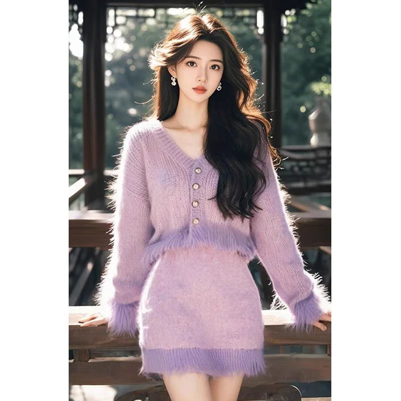 独特紫色礼服小香风针织连衣裙女2024名媛高级感千金风两件套