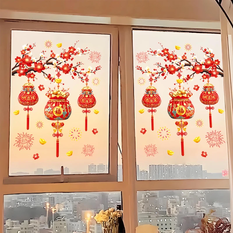 年画整张静电门贴春节灯笼玻璃窗花元旦新年店铺装饰布置过年窗贴